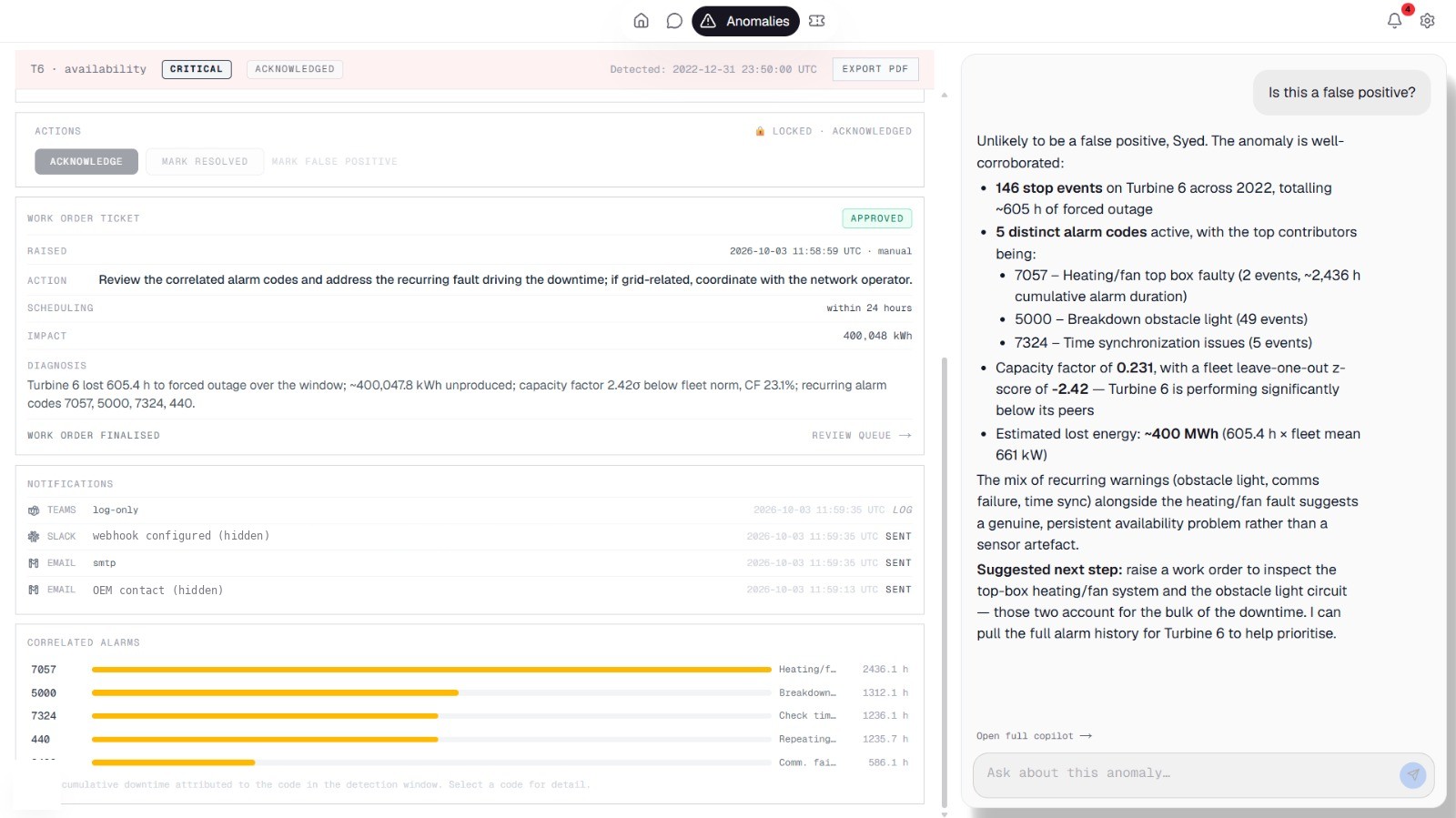 Prototype anomaly page with diagnosis, approved work order and notifications